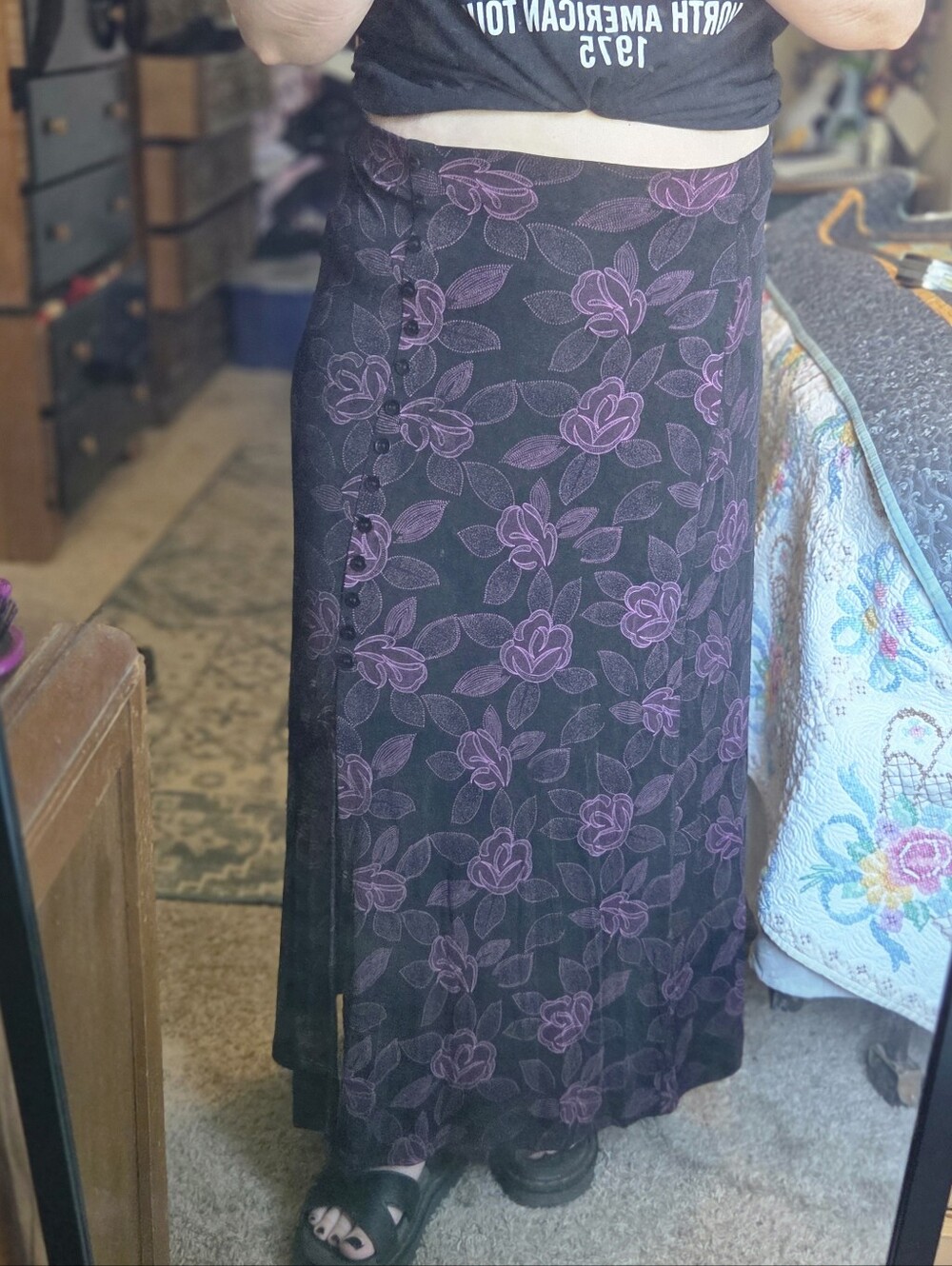 Women's Floral Maxi Skirt in Black and Purple No Size Tag Fits Like A Large